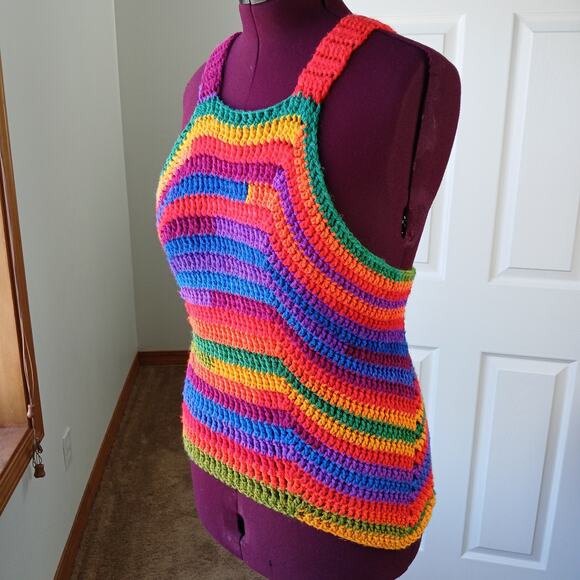 Crochet Rainbow Variegate Tank Top Racerback fits size M - XL handmade unique - Picture 2 of 14